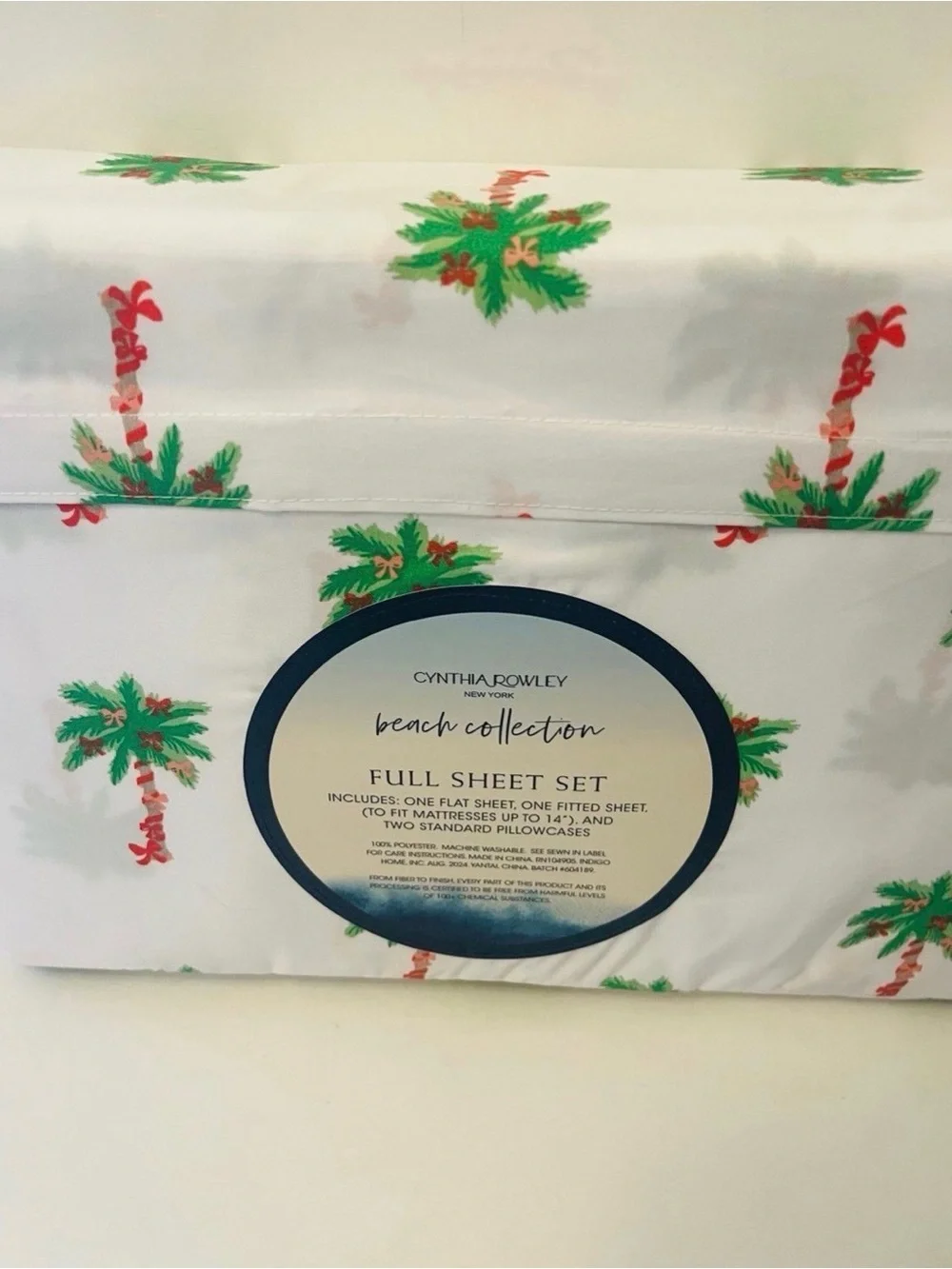Cynthia Rowley Beach Collection Full Size Sheet Set Bows on Palm Trees